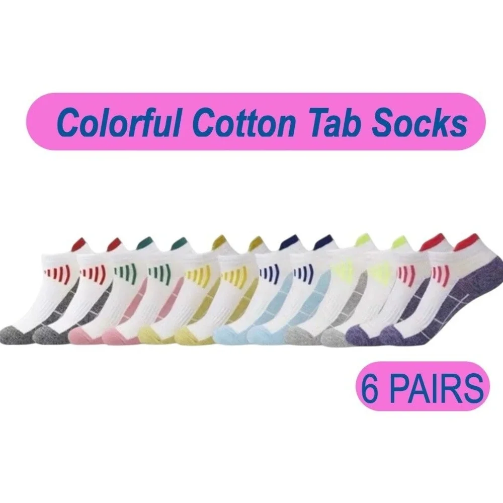 Colorful‎ Athletic Women's Ankle Socks M/L 6 PACK Tab Low Cut Quality Cotton NEW